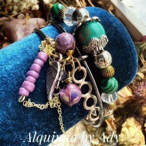 Silver green malachite and purple turquoise eclectic bracelet set
